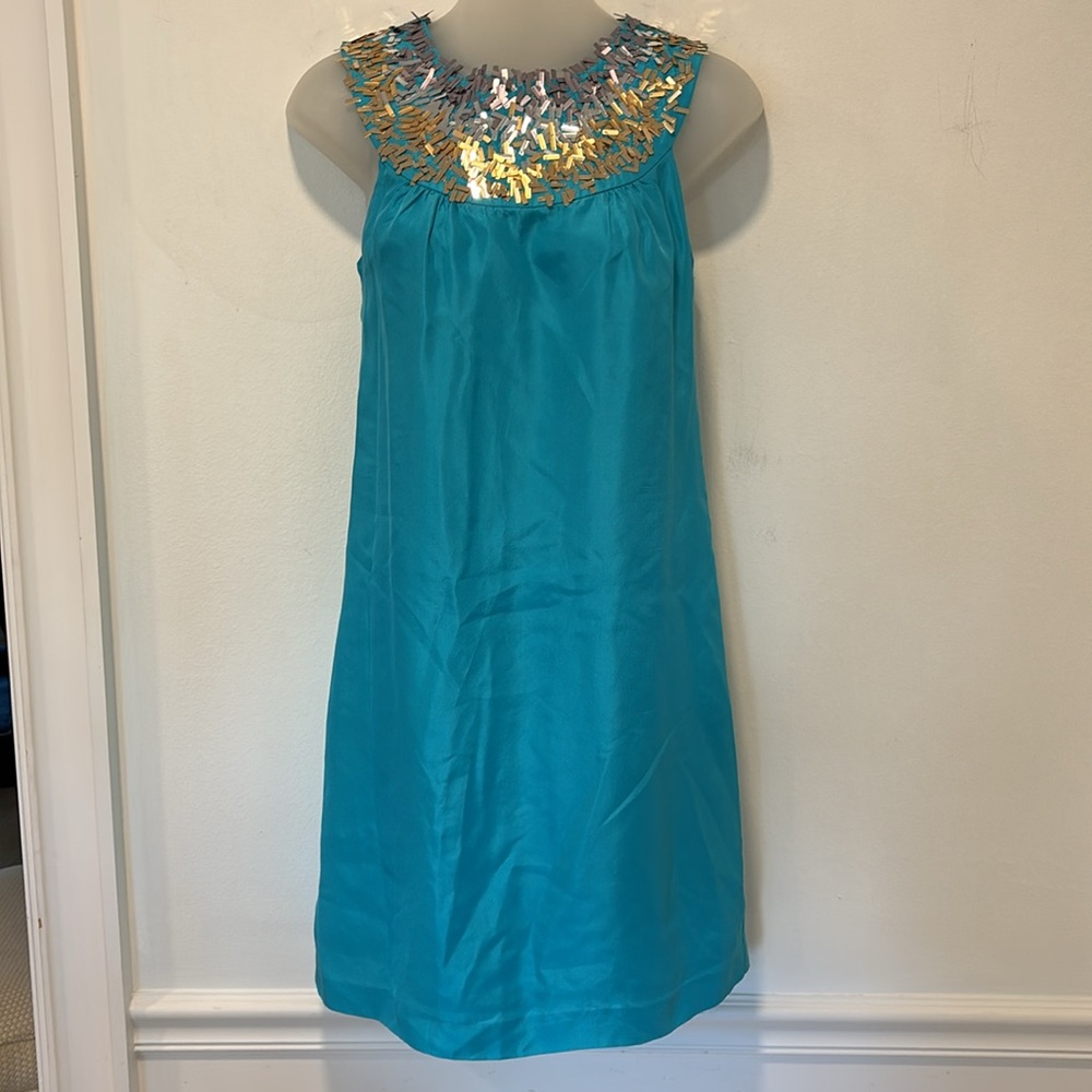 Trina Turk Silk Teal Sleeveless Dress with Gold Silver Sequins Sz 2